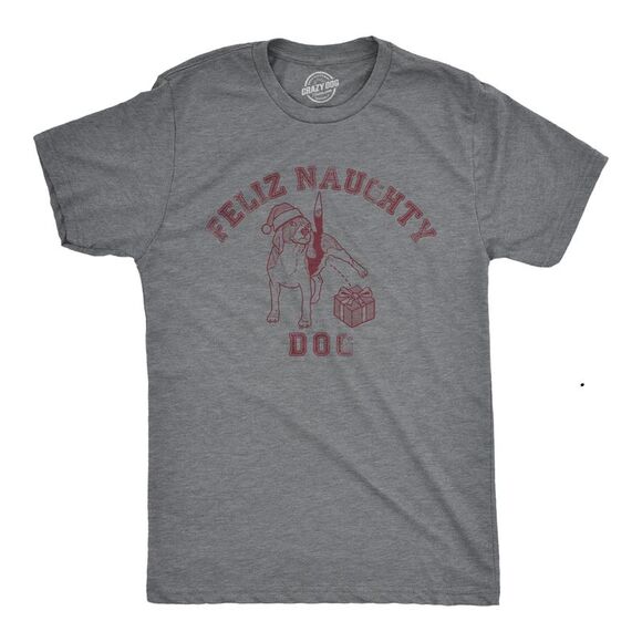 Mens Feliz Naughty Dog T Shirt Funny Xmas Bad Doggy Tee for Guys - Picture 1 of 4